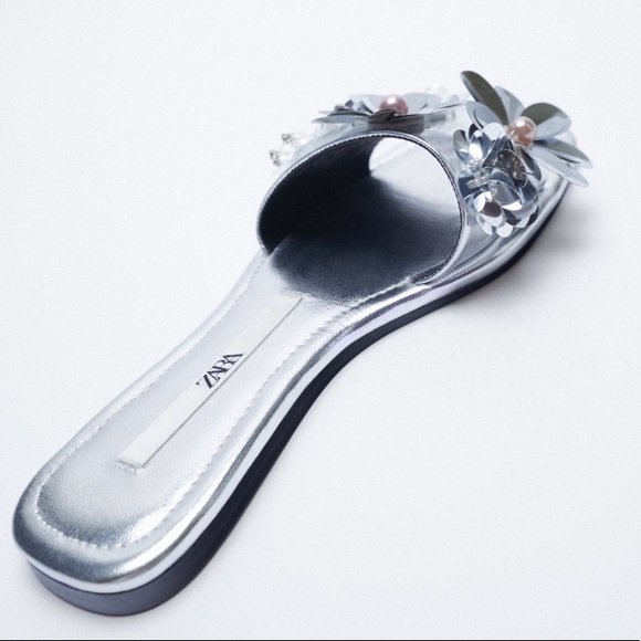 Zara Metallic Floral Appliqué Square Toe Sandals - Picture 6 of 11